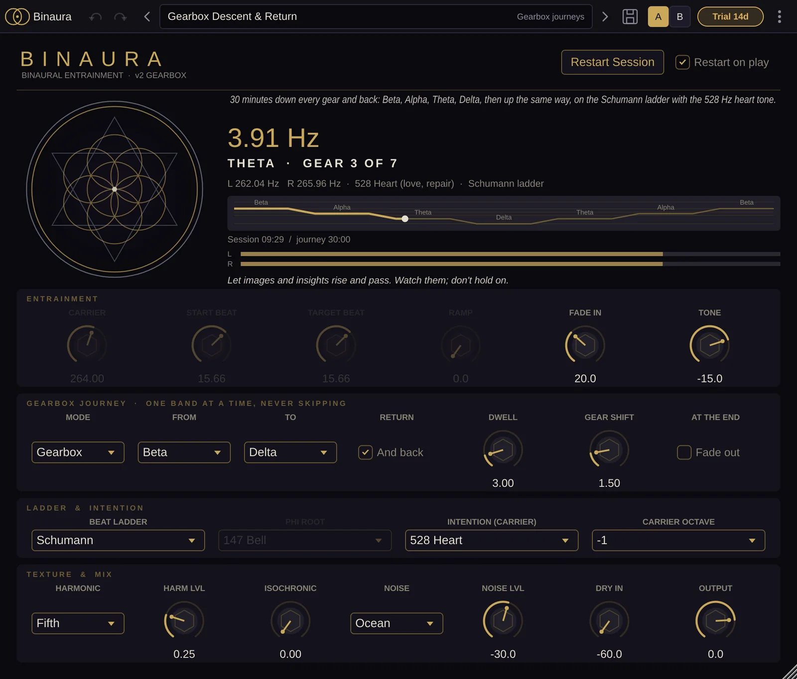 The Sacred Audio header strip with preset name, A/B and trial pill