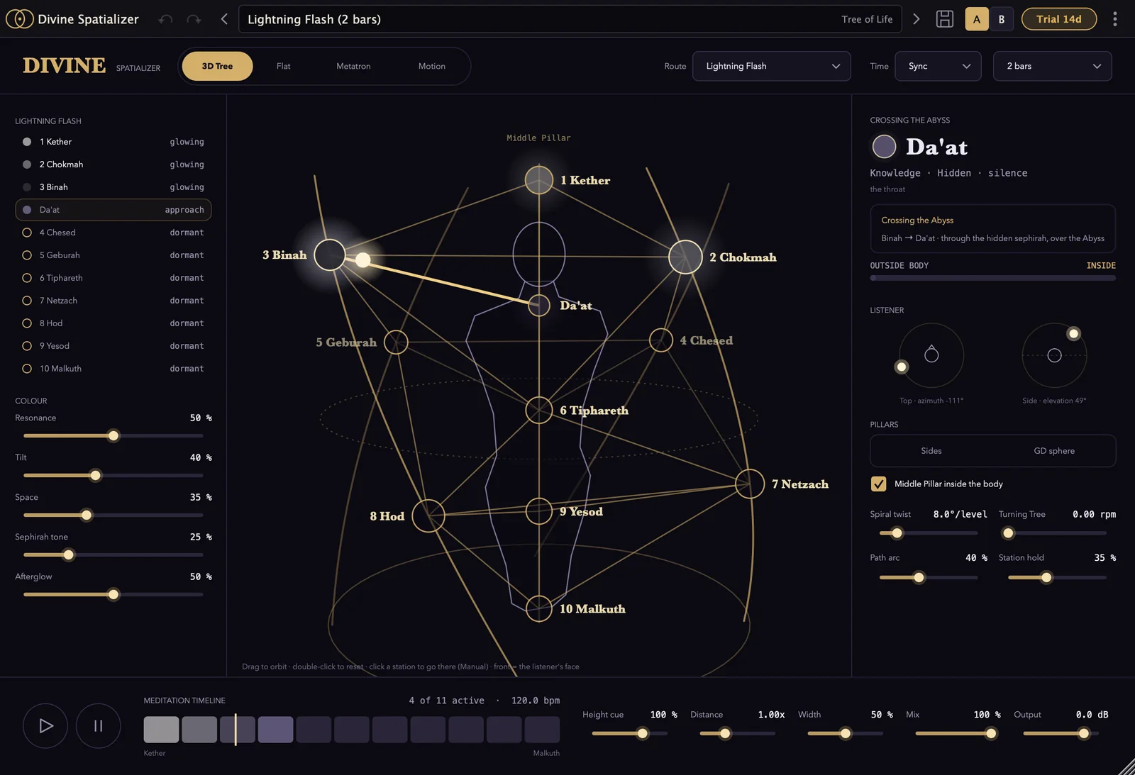 Divine Spatializer's header strip with preset name, A/B and trial pill