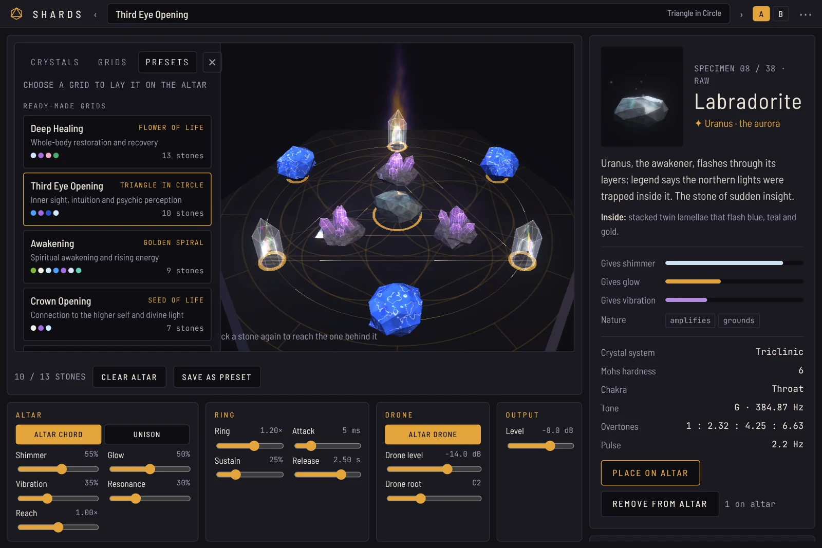 Shards with the Third Eye Opening grid and the Presets tab open